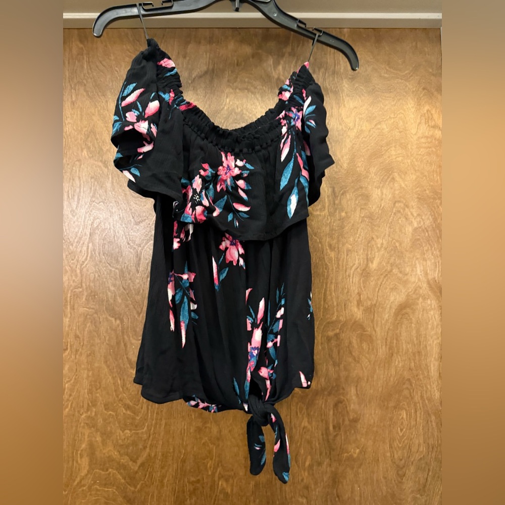 Express Black and Pink Smocked Blouse with Ruffled Sleeves